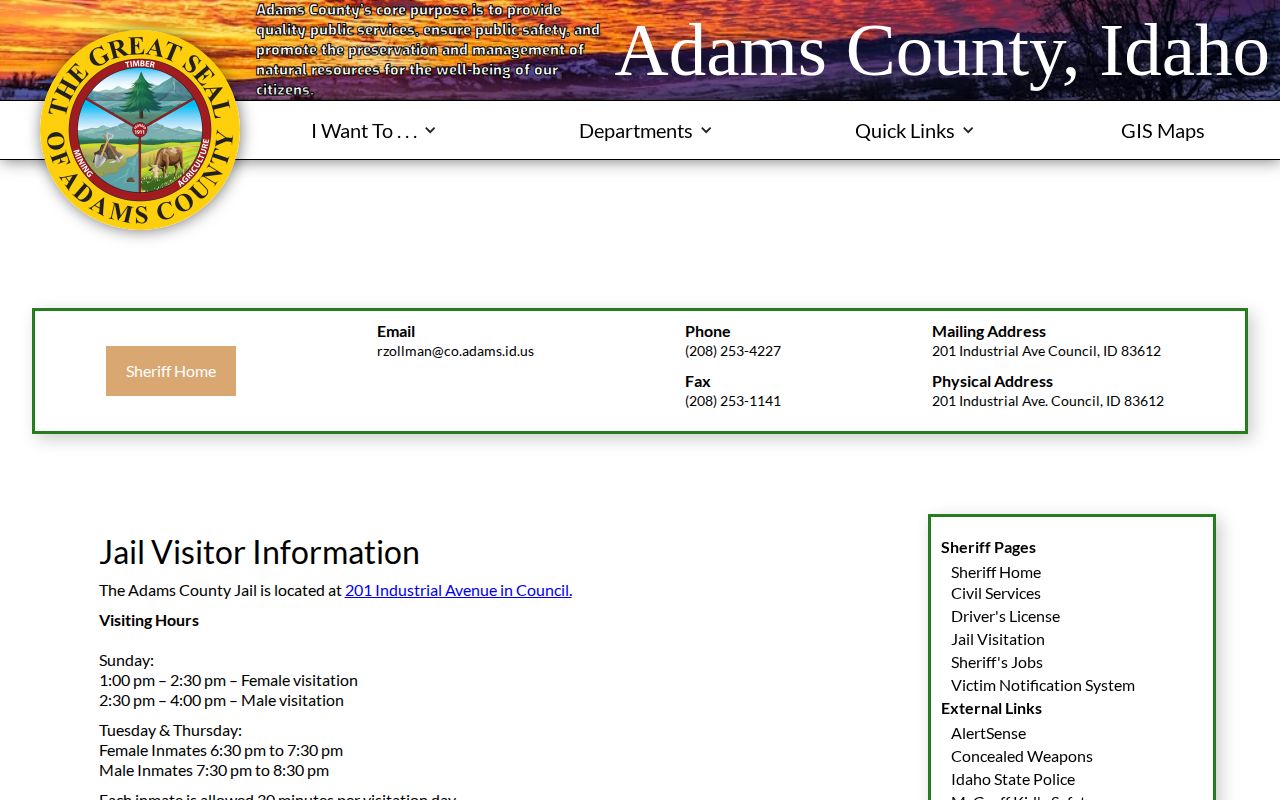 Adams County Jail visitor information page for custody records