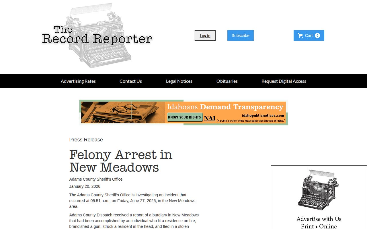 Adams County New Meadows arrest story page from The Record Reporter