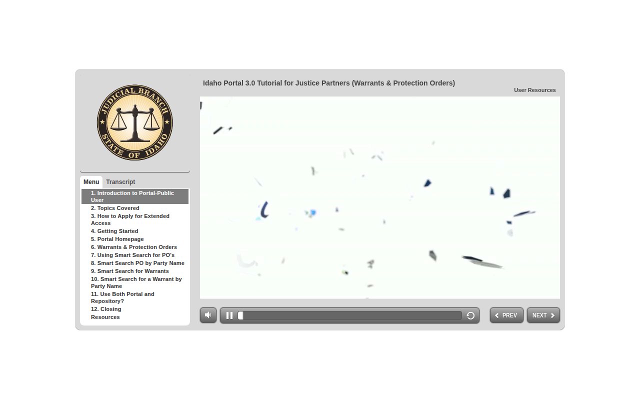 Adams County warrant search tutorial interface from Idaho Courts