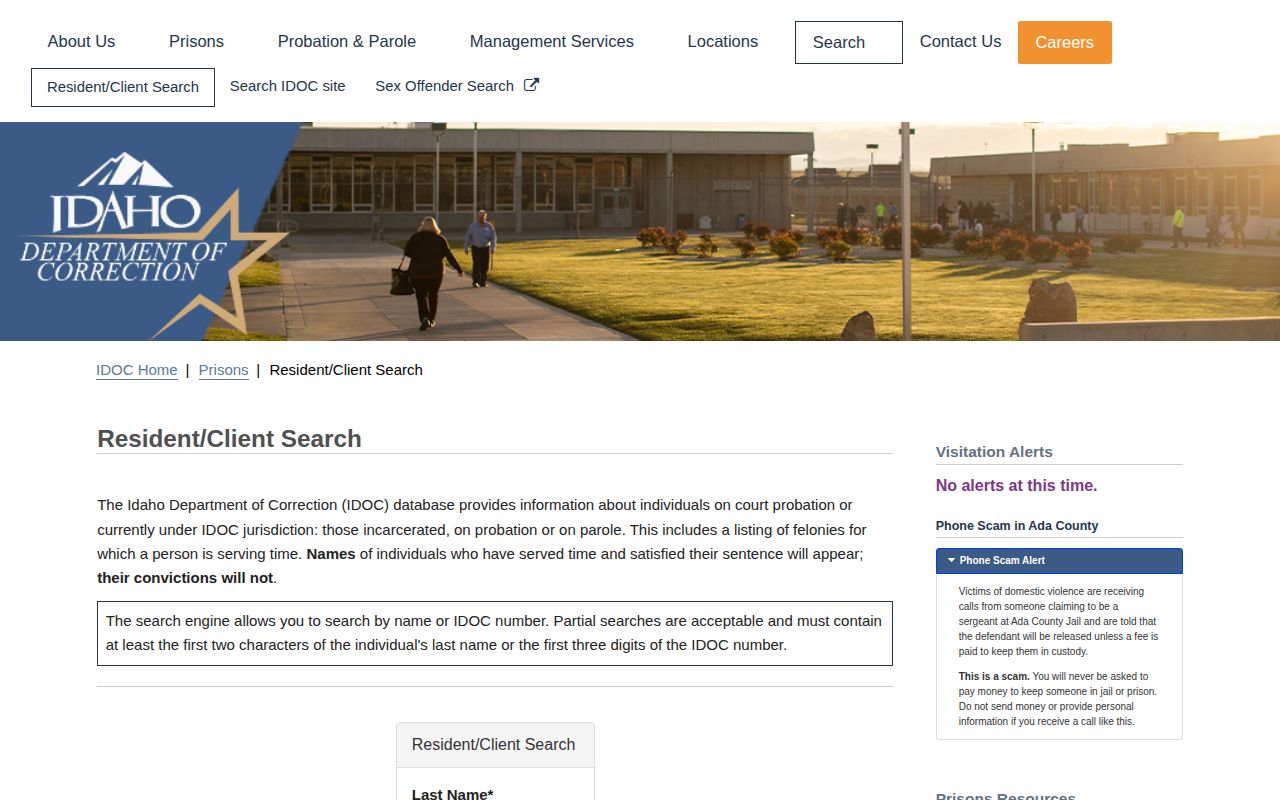 Adams County state-custody lookup on the Idaho Department of Correction resident and client search form